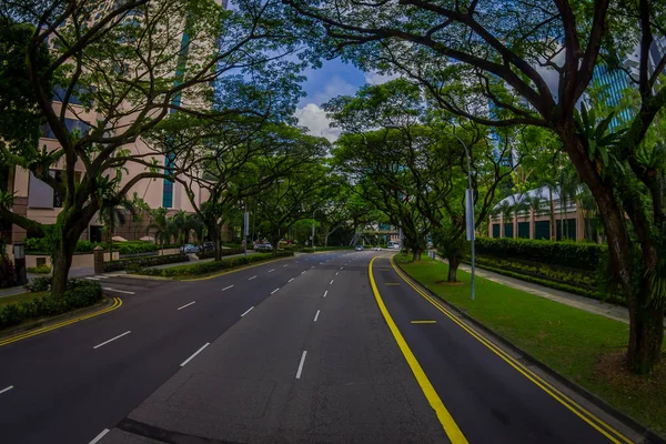 SINGAPUR, SINGAPUR - ENERO 30. 2018: Hermosa vista de los coches que circulan en una carretera que rodea a los árboles en el complejo de edificios de condominios residenciales públicos y los edificios del centro de la ciudad en el barrio de Kallang — Foto de Stock