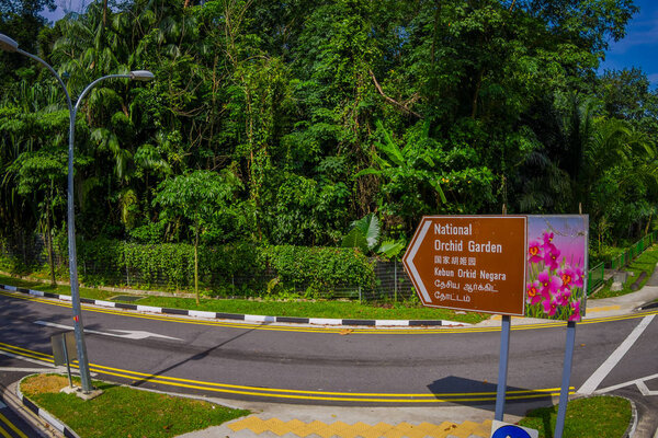 SINGAPORE, SINGAPORE - JANUARY 30. 2018: Informative sign at the enter of national orchid garden in Singapore. It is located in the Singapore Botanic Gardens, and has about 60,000 orchid plants -