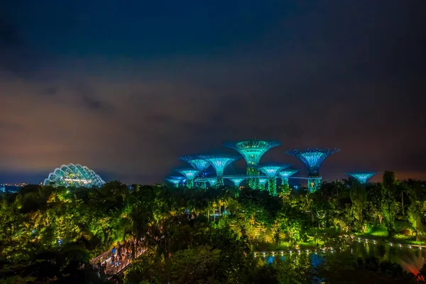 Singapur, Singapur - 01 lutego 2018: Piękny widok zewnątrz futurystyczny drzewa niesamowite oświetlenie w ogrodzie przez Bay w Singapurze. Nocny spektakl światło Supertree jest głównym Marina Bay Sands — Zdjęcie stockowe