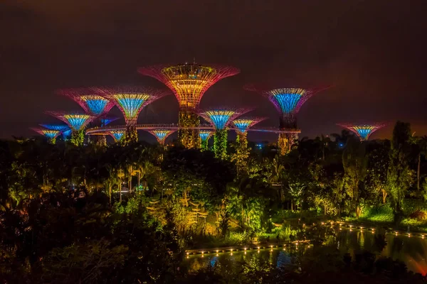 SINGAPUR, SINGAPUR - 01 DE FEBRERO DE 2018: Hermosa vista al aire libre del árbol futurista de increíble iluminación en Garden by the Bay en Singapur. Espectáculo de luz nocturna en Supertree es Marina Bay Sands principal —  Fotos de Stock