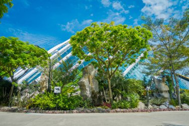 Singapore, Singapur - 30 Ocak 2018: Açık bakış bulut orman çiçek kubbe Gardens Singapur Bay tarafından. 101 hektar geri Merkezi Singapur'da limana bitişik kapsayan
