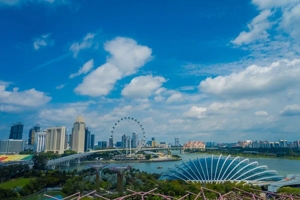 SINGAPUR, SINGAPUR - 30 DE ENERO DE 2018: Vista superior de Cloud Forest Flower Dome en Gardens by the Bay en Singapur, con la noria más grande del mundo. Abarcando 101 hectáreas de tierras recuperadas —  Fotos de Stock