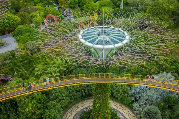 SINGAPUR, SINGAPUR - 30 DE ENERO DE 2018: Sobre la vista de un superárbol increíble en Gardens by the Bay con personas no identificadas en una pasarela. Las estructuras de los árboles están equipadas con tecnologías ambientales para — Foto de Stock