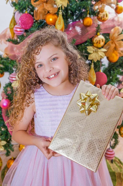 Primo piano di sorridente ragazza riccia indossa un abito rosa e tenendo in mano un enorme regalo, con un albero di Natale dietro, Natale e concetto di nuovo anno — Foto Stock