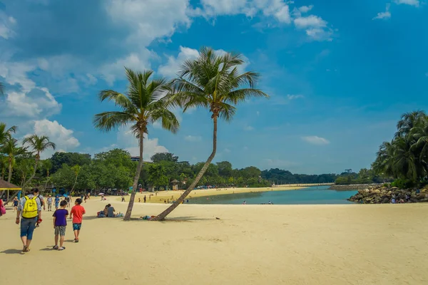 SINGAPUR, SINGAPUR - 01 DE FEBRERO DE 2018: Personas no identificadas caminando en la arena amarilla con algunas palmeras en la playa de la isla Sentosa en Singapur — Foto de Stock