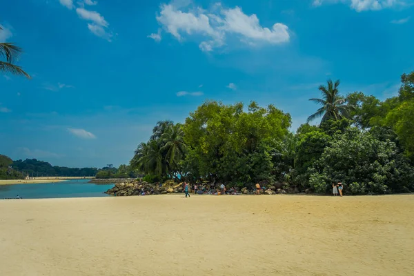 SINGAPUR, SINGAPUR - 01 DE FEBRERO DE 2018: Hermosa vista al aire libre y personas no identificadas caminando en la arena amarilla con algunas palmeras en la playa de la isla Sentosa en Singapur — Foto de Stock