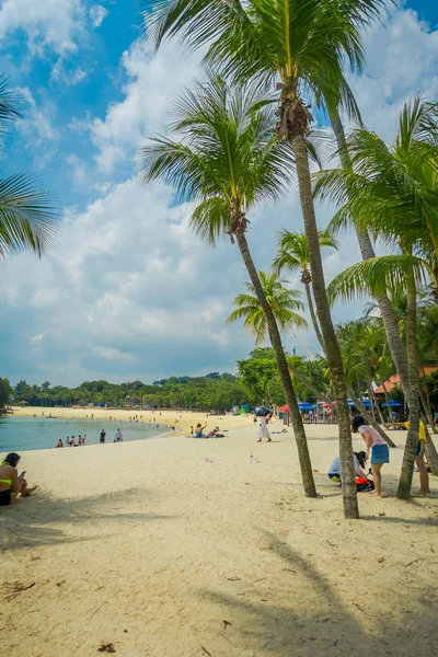 Singapore, Singapore - februari 01, 2018: Buiten uitzicht en niet-geïdentificeerde mensen lopen in het gele zand met sommige palmen boom op het strand van Sentosa eiland in Singapore — Stockfoto