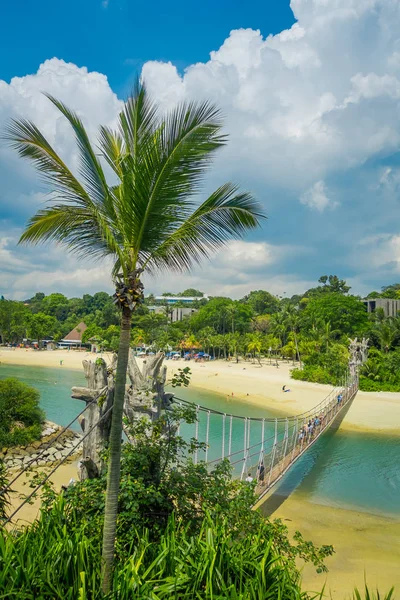 SINGAPUR, SINGAPUR - 01 DE FEBRERO DE 2018: Vista superior de la pasarela colgante de madera sobre el mar en la isla de Sentosa en Singapur — Foto de Stock