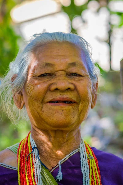 Chiang rai, thailand - 01. Februar 2018: Portrait einer unbekannten alten Frau, die im tropischen Regenwald in der thailändischen Provinz chiang mai wandert — Stockfoto