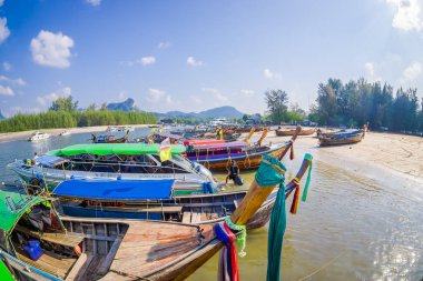 Ao Nang, Tayland - 05 Mart 2018: Balıkçılık görünümünün üzerinde güzel Tay Po da kıyı Adası, Krabi il, Andaman Denizi Güney Tayland tekneler