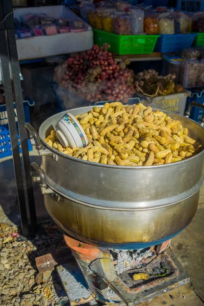 CHIANG RAI, THAILAND - FEBRUARY 01, 2018: Boiled peanuts inside of huge metallic pot at Chiang Mai, Thailand — Stock Photo, Image