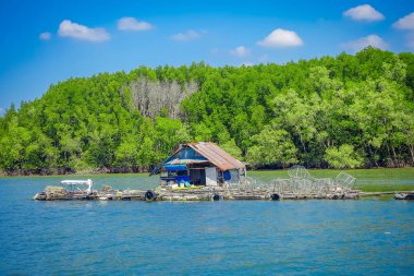 Ao Nang, Tayland - 19 Şubat 2018: çok eski ve hasarlı evin nehire mangroves Krabi il, Güney Tayland yakın yüzen açık görünüm