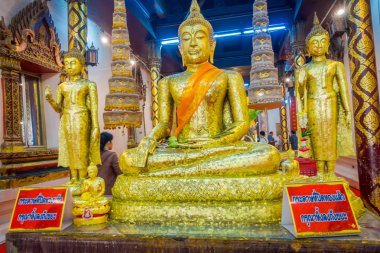 Ayutthaya, Tayland, 08 Şubat 2018: Altın budha heykelini kapalı görünümünü bir Tapınağı'nda tarihi Park Ayutthaya içinde yer alan bir sarı kumaş kaplı