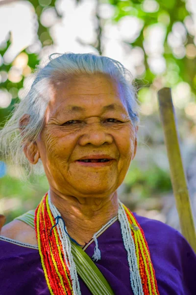 CHIANG RAI, THAILAND - FEBRUARY 01, 2018: Portrait of unidentified old woman walking in tropical rainforest in Chiang Mai Province, Thailand — Stock Photo, Image