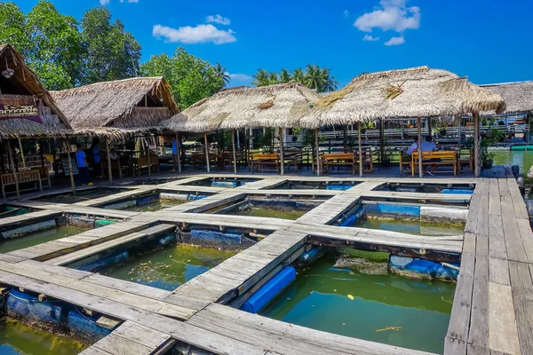 AO NANG, TAILANDIA - 19 DE FEBRERO DE 2018: Vista al aire libre del restaurante Farm fish wood sea river con pequeñas piscinas en Krabi Tailandia — Foto de Stock