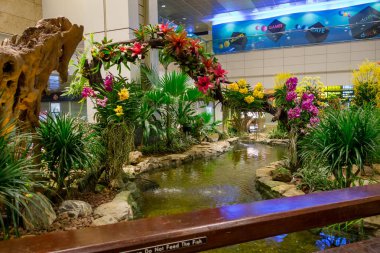 Singapur - Mart, 23, 2018 yaklaşık: Singapur Changi Havaalanı içinde bitkiler ile küçük bir bahçede yürüyüş insanlar kapalı görünümünü. Singapur Changi Havaalanı birincil sivil Havaalanı olduğunu