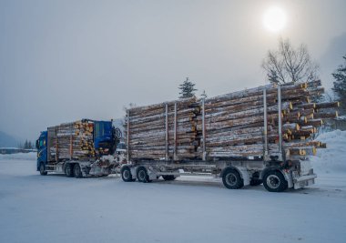 Valdres, Norveç-Mart 26, 2018: Norveç 'te kış aylarında kar kaplı bir yolda büyük kamyon taşıma gövdeleri veya kereste açık görünüm