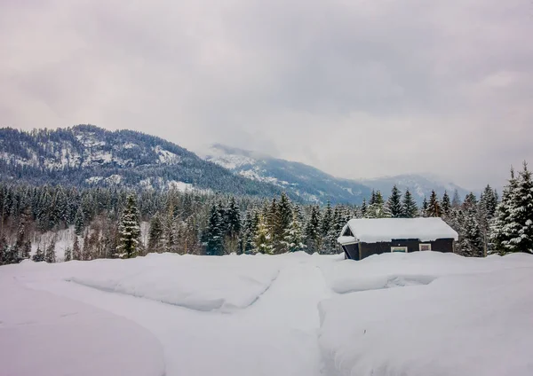 Vista de las tradicionales casas de madera de montaña cubiertas de nieve en un impresionante fondo natural en Noruega — Foto de Stock