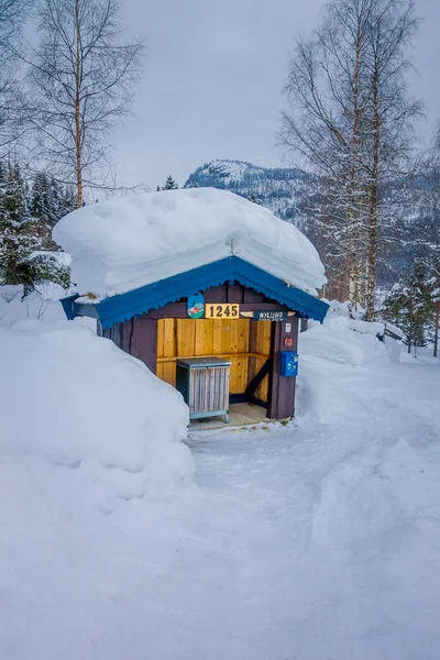 Valdres, Norsko-26. březen 2018: venkovní pohled na tři plastové popelnice ve venkovním prostoru pod dřevěnou chýší v regionu Valdres během zimy v Norsku — Stock fotografie