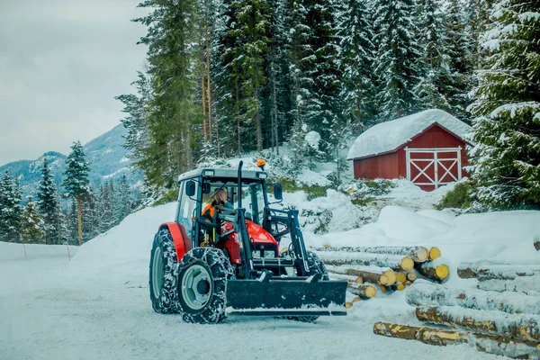 Valdres, Norway - March 26, 2018: Outdoor view of unidentified man in a small truck working, moving the trunks in the snow close to a wooden house covered with snow in Norway — Stock Photo, Image