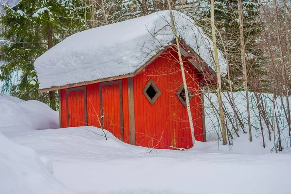 Vista ao ar livre da tradicional montanha norueguesa cabines vermelhas de madeira coberta de neve em uma temporada de inverno na Noruega — Fotografia de Stock