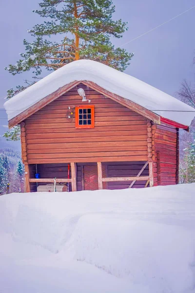 Vista ao ar livre das tradicionais cabines de montanha norueguesas de madeira coberta de neve em uma temporada de inverno na Noruega — Fotografia de Stock