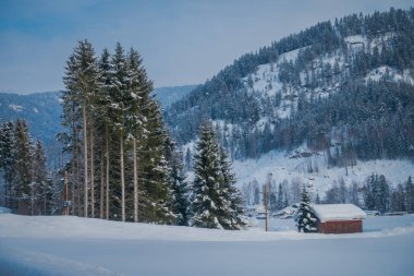 Norveç'te çarpıcı doğa dağ arka plan çatıda karla kaplı ahşap geleneksel Norveç dağ kırmızı evlerin şaşırtıcı açık görünümü