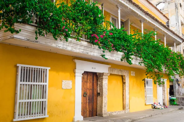 Cartagena, Kolombiya, Ekim, 30, 2017: Cartagena şehir bitkiler asılı ile renkli binalar Walled şehir, sokak. — Stok fotoğraf