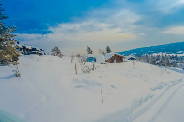 Vista ao ar livre da bela paisagem de edifícios de madeira com pinheiros cobertos de neve e gelo na floresta durante o inverno — Fotografia de Stock