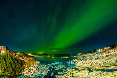 Amazing outdoor view of green aurora borealis in the sky during night and small and medium pieces of Ice left behind during a low tide on a frozen lake clipart