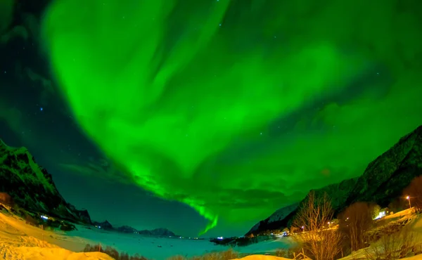 Northern lights shine bright and beautiful above sharp peaks and lakes of Lofoten mountains — Stock Photo, Image