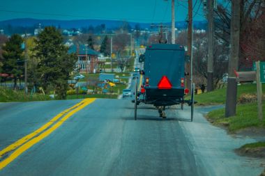 Amish adamcağız bir yoldan kırsal Lancaster County seyahat Bavck görünümü