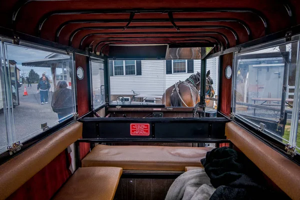 Pensilvania, Estados Unidos, 18 de abril de 2018: Vista interior del buggy Amish con un caballo estacionado en una tienda — Foto de Stock