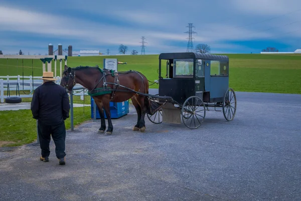 Pennsylvania, Usa, April, 18, 2018: Outdoor weergave van ongeïdentificeerde man lopen dicht bij een geparkeerde Amish buggy vervoer in een boerderij met een paard gebruikt voor een Trek de auto in de straten — Stockfoto