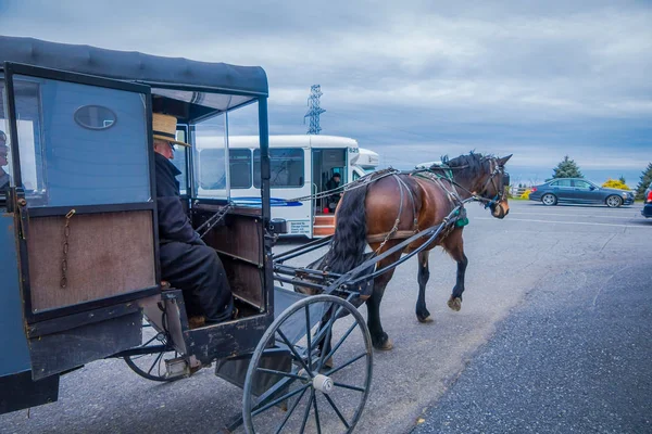 Pensilvania, Estados Unidos, 18 de abril de 2018: Vista al aire libre de un hombre no identificado conduciendo un vagón de buggy Amish en las calles con otros coches en una carretera — Foto de Stock