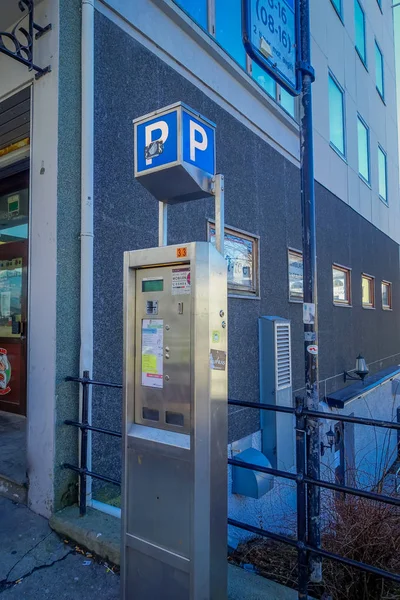 ALESUND, NORWAY - APRIL 04, 2018: Outdoor of a parking machine located in the harbour in the streets of Alesund town on the west coast of Norway — Stock Photo, Image