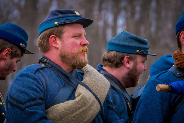 Moorpark, Ca, Usa - 18 April 2018: Närbild av mannen, blå och grå Civil War Reenactment i Moorpark, Ca är den största strid reenactment väster om Mississippi — Stockfoto