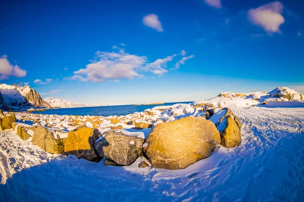 北极冰雪冬季户外海滨岩石上积雪融化的室外景观 — 图库照片