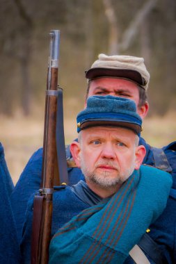 Moorpark, ABD - Nisan, 18, 2018: askeri giyiyor mavi üniforma iç savaş Reenactment Moorpark, Mississippi'nin batısında en büyük savaş reenactment içinde temsil eden yakın çekim