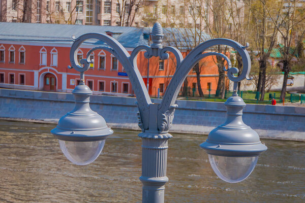 Close up of public lamp lights, in a gorgeous blue sky in the Red Square