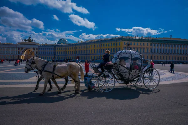 俄罗斯圣彼得堡 2018年5月02日: 冬季宫殿背景下的马车马户外观与一些游客在圣彼得堡的城市巡演 — 图库照片