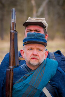 Moorpark, ABD - Nisan, 18, 2018: askeri giyiyor mavi üniforma iç savaş Reenactment Moorpark, Mississippi'nin batısında en büyük savaş reenactment içinde temsil eden yakın çekim