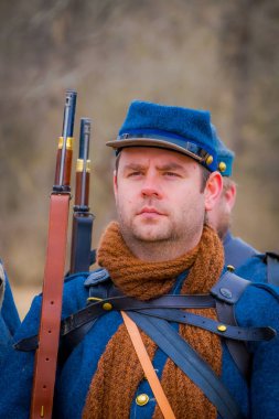 Moorpark, ABD - Nisan, 18, 2018: askeri giyiyor mavi üniforma iç savaş Reenactment Moorpark, Mississippi'nin batısında en büyük savaş reenactment içinde temsil eden yakın çekim