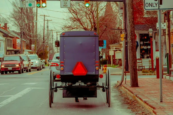 Lancaster, Amerikai Egyesült Államok - április, 18, 2018: Szabadtéri Nézd vissza a régi vágású Amish bugos a városi közúti közlekedési lámpák és autók környező a lovaglási — Stock Fotó