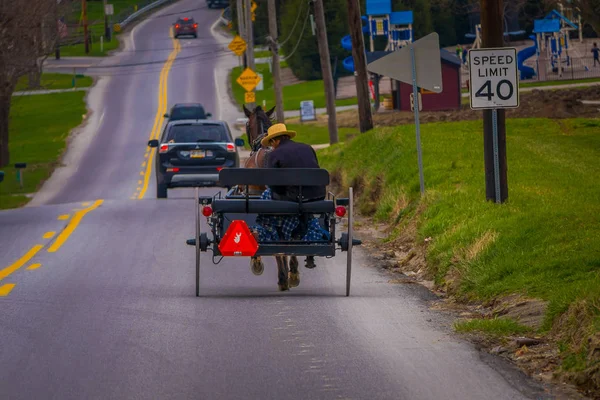 LANCASTER, USA - 18 APRILE 2018: Veduta esterna di cavalli e carrozze Amish sulla strada urbana, nella città di Lancaster — Foto Stock