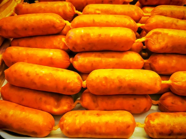 Traditional German sausages in a deli, close up shot. — ストック写真