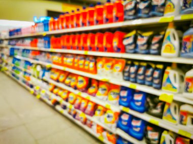 Market rafları iç bulanık arkaplan, bulanık süpermarket rafları.