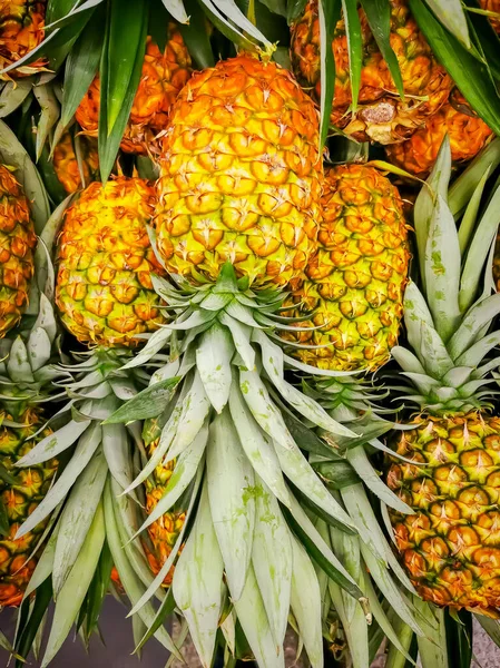 Pile pineapple fruit which has been harvested and display for sale on farmers table in market — Stock Photo, Image