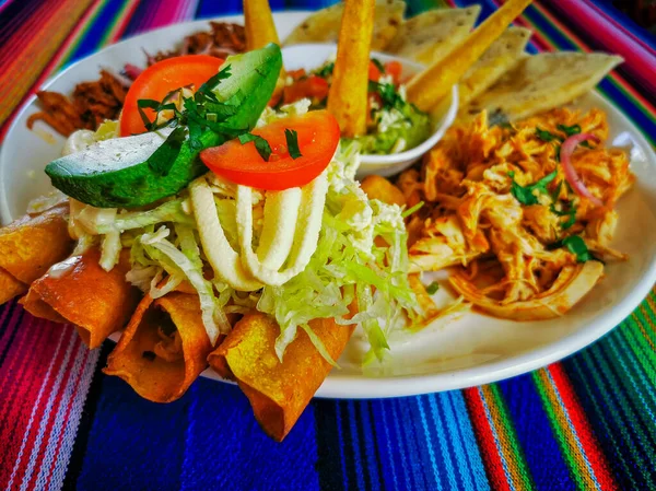 Mexicaanse voedsel mix kleurrijke achtergrond, guacamole, cochinita pibil, flautas en quesadilla. — Stockfoto