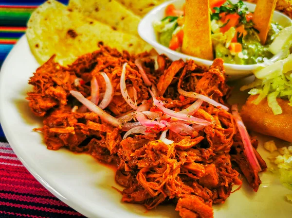 Mexican food mix colorful background, guacamole, cochinita pibil, flautas and quesadilla. — Stock Photo, Image